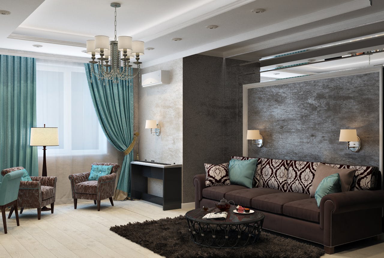 Hello world! Luxurious modern living room with chandelier, sofa, armchairs, and stylish decor.